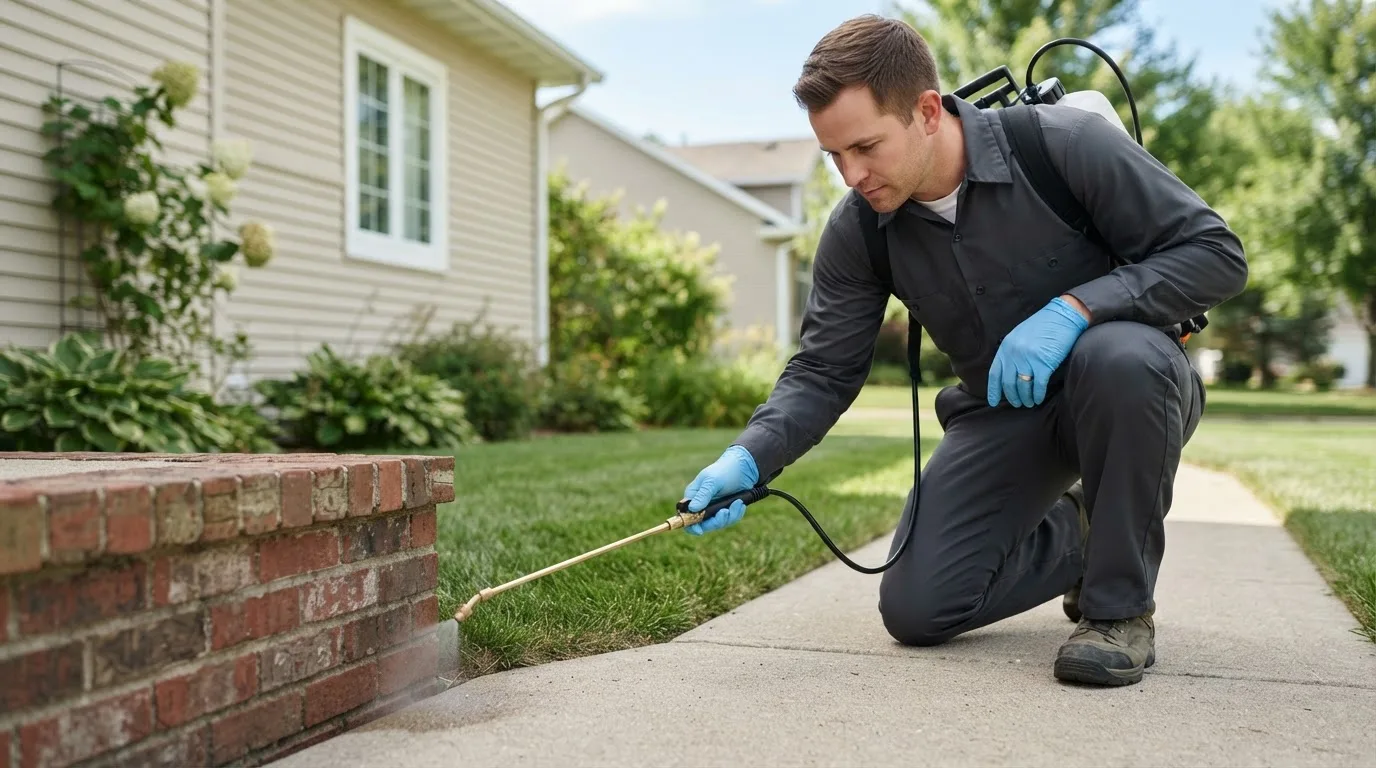 Pest control technician treating a home near Thompson, CT