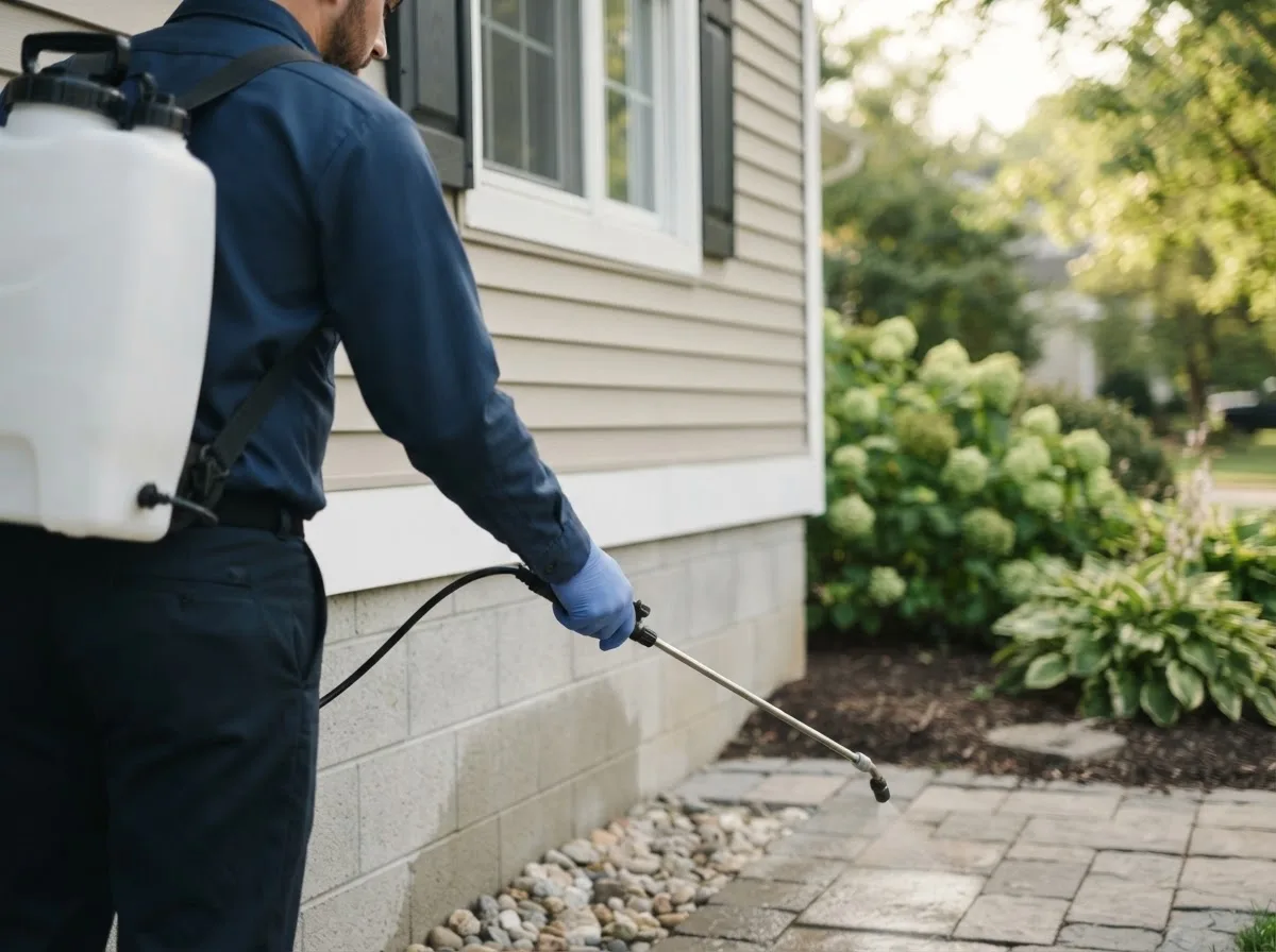 Pest control technician inspecting a home in Thompson, CT